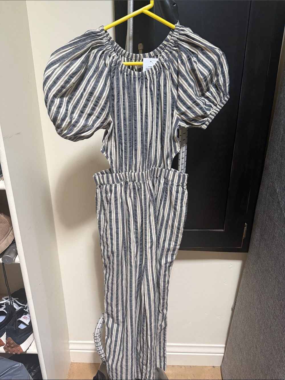 Striped Puff-Sleeve Jumpsuit in blue and cream